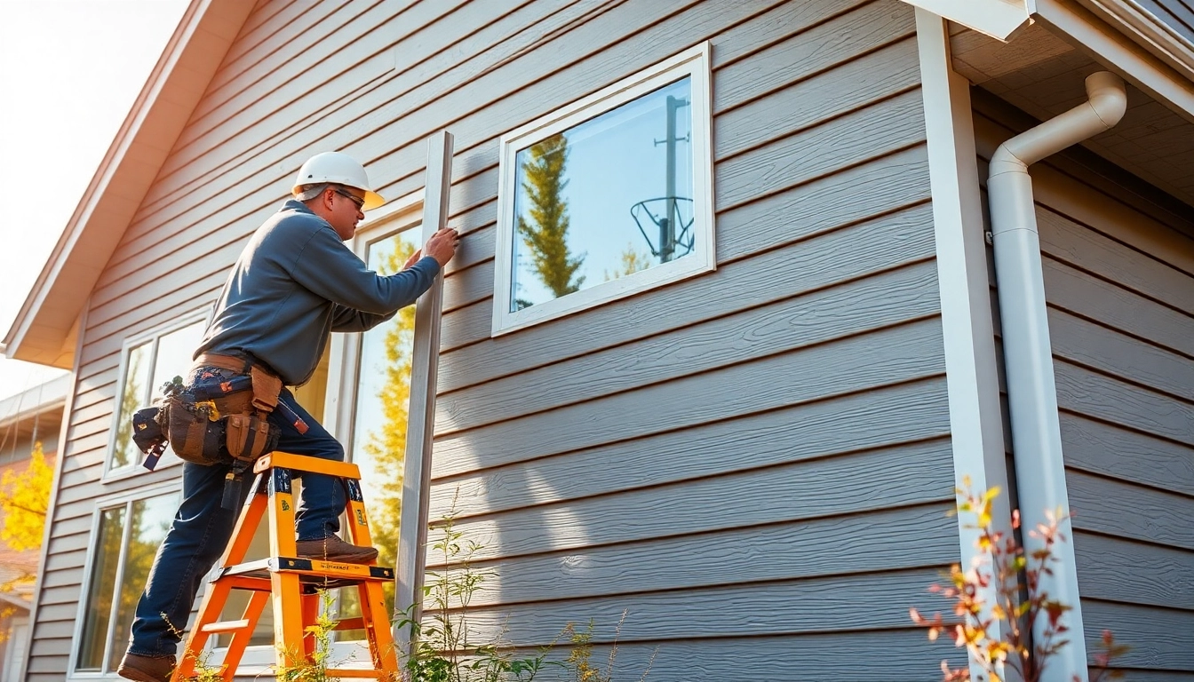 Siding contractor expertly installing durable vinyl siding on a residential house for improved curb appeal and protection.