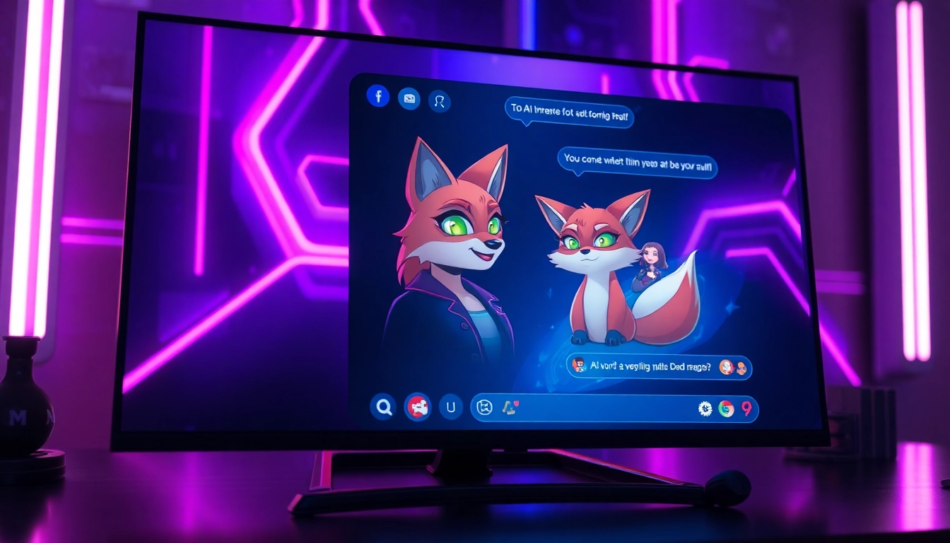 Futuristic AI adult chat interface with expressive character avatars and neon lighting