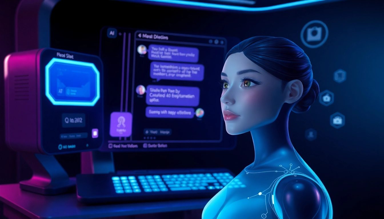 Futuristic digital AI interface with holographic AI companion and dynamic chat visuals