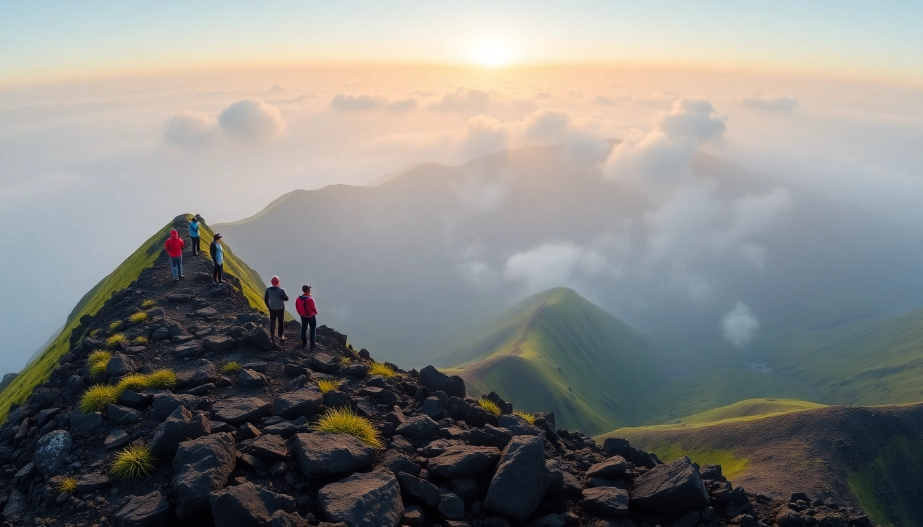 Hikers overlooking Mount Rinjani's summit at sunrise, surrounded by lush greenery and volcanic terrain.