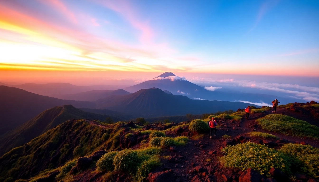 Sunrise view of Mount Rinjani with hikers on the trail, showcasing lush greenery and volcanic terrain.