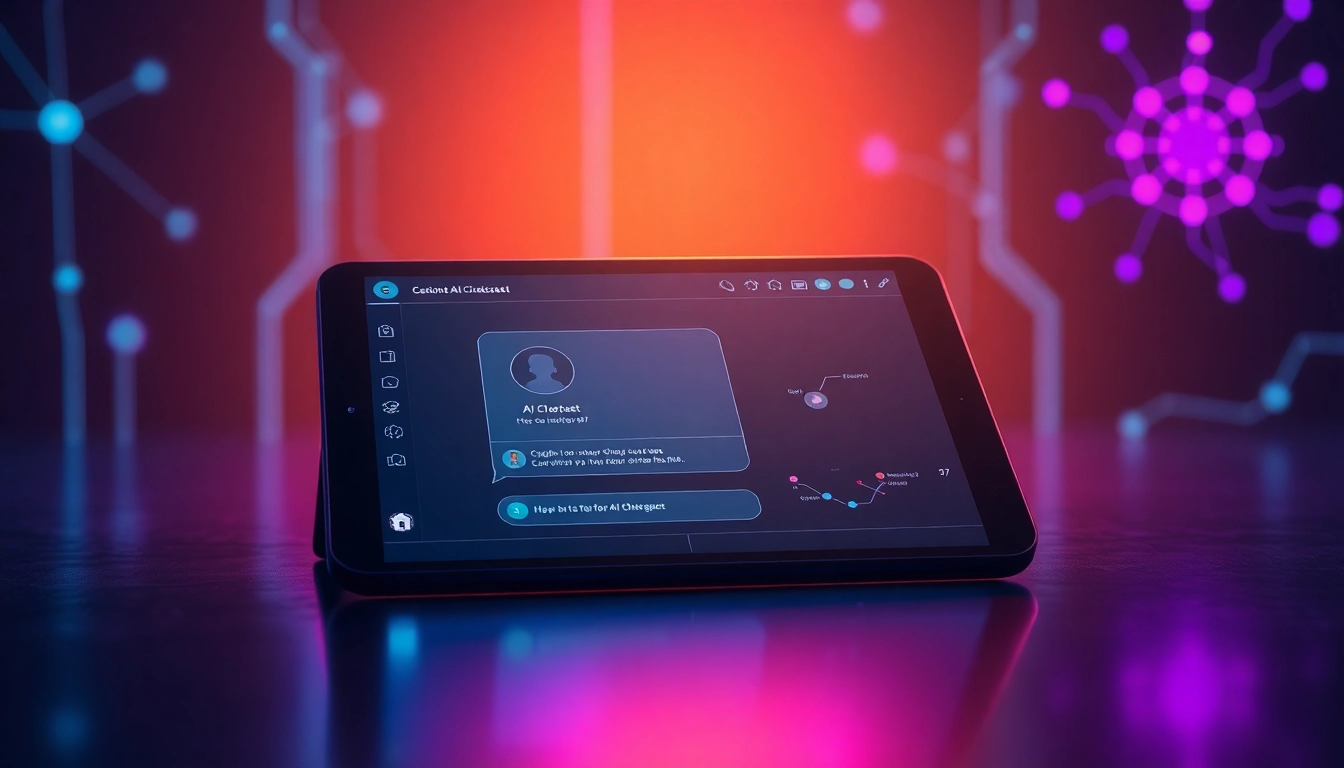 Futuristic chatbot interface on a tablet with glowing accents, representing AI sex chat technology.