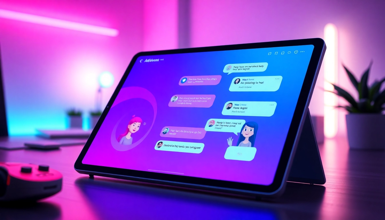 An illustration of a futuristic chat interface with animated AI characters on a sleek tablet, glowing with neon colors, in a modern workspace setting.