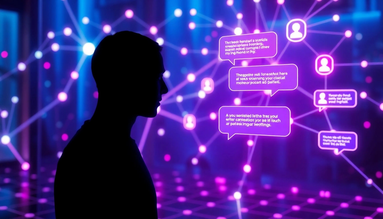 Futuristic AI chatbot interface with glowing neon lines and holographic chat bubbles representing AI interactions