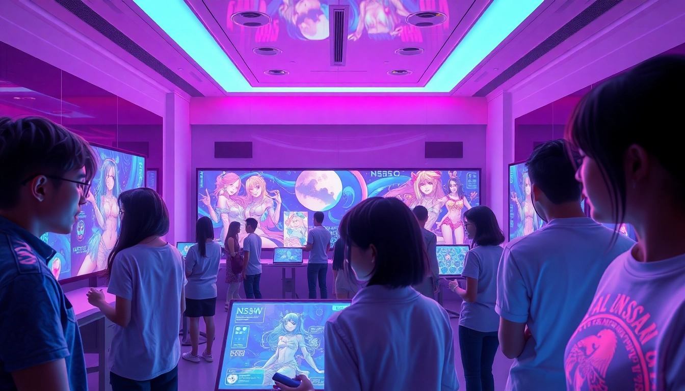 Futuristic digital art studio with artists creating hyper-realistic NSFW visuals using AI technology under neon lighting.