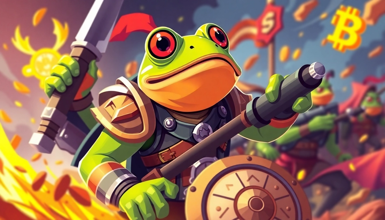 Dynamic scene of Angry Pepe Fork Army rallying with vibrant crypto and gaming symbols for engagement