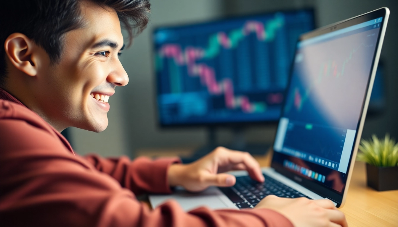 Online Trading for Beginners guides with a smiling person using a laptop to learn trading basics